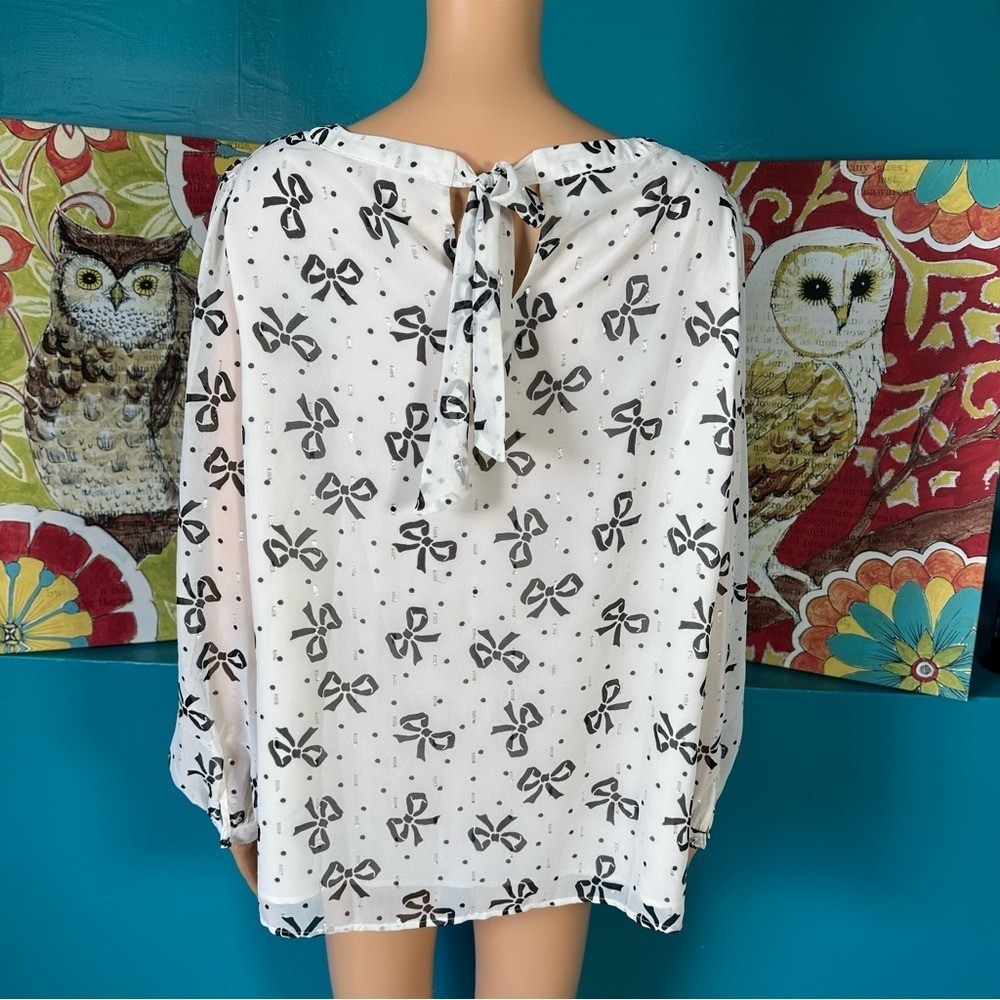 Talbots Blouse Plus Size Women's XL Sheer Long Sleeve Black White Bow Print - Picture 8 of 10